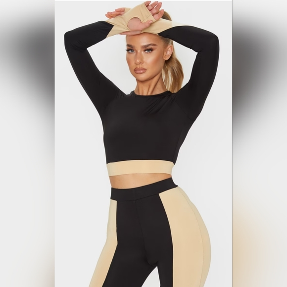 PrettyLittleThing Pants - Pretty Little Thing Black Panel Long Sleeve Crop Top & Mesh Panel Gym Leggings